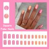MISUD Square Press on Nails Medium Fake Nails Glossy Glue on Nails Bright Pink Orange Ombre Chrome Acrylic Nails Pearl Flash Artificial Nails Squoval Aurora False Nails with Design 24 pcs