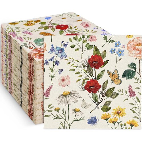 80 Pack Floral Paper Napkins Disposable Vintage Wildflower Luncheon Napkins 6.5 x 6.5"Retro Floral Dessert Dinner Hand Napkin for Birthday Wedding Baby Shower Bridal Shower Supplies (Flower Butterfly)