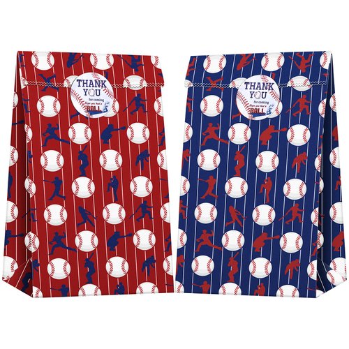 durony 24 Pieces Baseball Party Treat Bags Kraft Paper Bags 9.4 x 5.1 x 3.1 Inch Party Favor Bags Goodie Candy Bags with Stickers for Sports Theme Party Decorations
