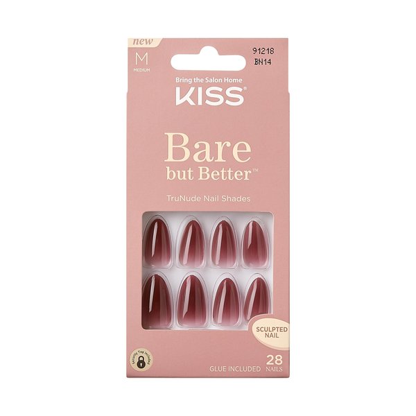 KISS Bare but Better, Press-On Nails, Nail glue included, 'Chemistry', Red, Medium Size, Almond Shape, Includes 28 Nails, 2g Glue, 1 Manicure Stick, 1 Mini file