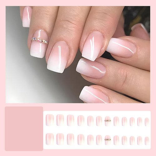 24 Pcs Medium Press on Nails Square Pink Fake Nails Gradient False Nails with Rhinestone Designs Full Cover Stick on Nails French Nails for Women and Girls Fall Nails