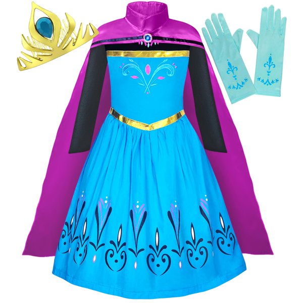 Cokos Box Girls Coronation Dress Costume Cape Gloves Tiara Crown Snow Queen Princess Accessories Kids Set, Blue-Purple, 7 Years