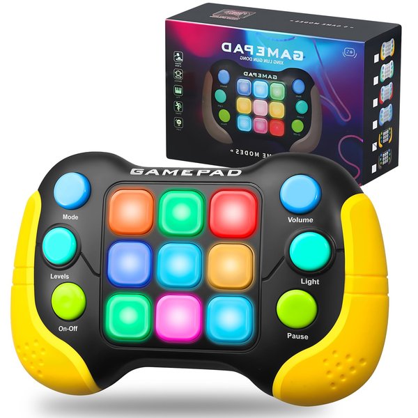 Electronic pop-up game lights up play sense fidget toys, handheld games for children adults, Push button gamepads press push games, 5 modes of newly upgraded stress relief party toy gifts yellow