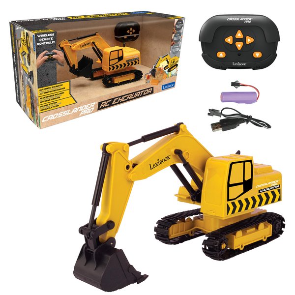 Lexibook, Crosslander® pro RC Excavator, Remote Controlled Backhoe, Automatic Shovel, Play mat, Sand Moulds, 2 Trucks and a Bridge in Boxes Included, Rechargeable, RCP30
