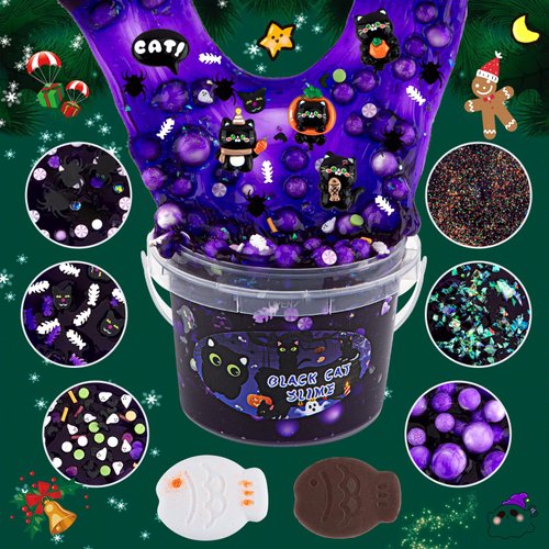 300ml Black Cat Slime with Clay, Dark Purple Clear Slime Kit for Girls Ages 8-12 with 9 Packs Slime Add-Ins, Slime for Kids Party Favors, Non Stick Slime Toys Birthday Halloween Christmas Easter Gifts
