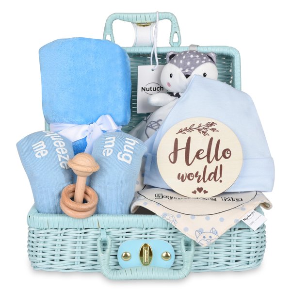 NUTUCH Newborn Baby Gift Set | Baby Gift Basket | Newborn Blanket, Wooden Teether, Security Blanket, Cap, Baby Bibs, Socks & Greeting Card (Blue)