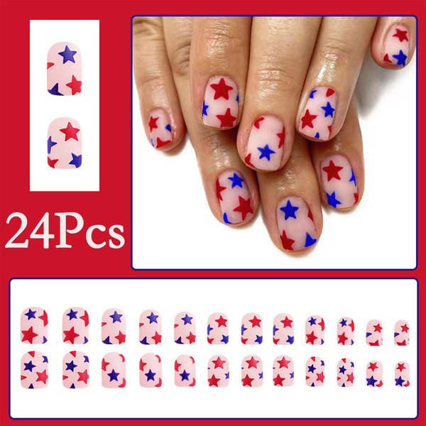 24Pcs 4th of July Press on Nails Short Square Fake Nails with American Flag Patriotic Five-Pointed Star Design Glue on Nails Red White Blue Cute Acrylic Nails Independence Day False Nails for Women