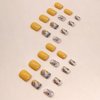 Press on Nails Short Fake Nails with Leaves Designs Square Glue on Nails Yellow Full Cover Nails Press ons Fall False Nails Glossy Artificial Petite Stick on Nails for Women 24 Pcs