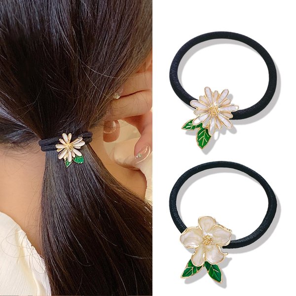 Flower Hair Ties Elastic Hair Scrunchies for Women Daisy Flower Thin Hair Tie Ponytail Holder White Floral Hair Accessories Headbands 2Pcs