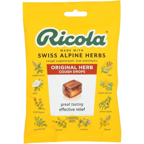 Ricola Original Swiss Herb Cough Suppressant Throat Drops, 21 Drops, Fights Coughs Naturally, Soothes Throats, Naturally Soothing Relief