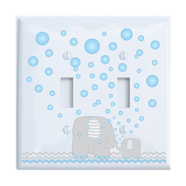 Elephant Light Switch Plate Covers/Double Toggle Switch Plate/Elephants with Grey and Blue Chevron Switch Plates with Blue Bubbles (Double Toggle)