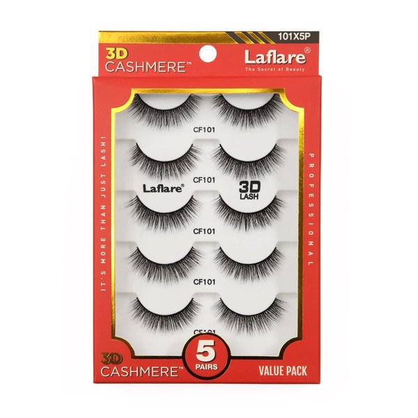 Laflare 3D Cashmere False Eyelashes Multipack, Ultra Soft, Glam, Luxurious, Cruelty-Free, Reusable, Fake Eyelashes 5 Pairs Value Pack (101X5P)