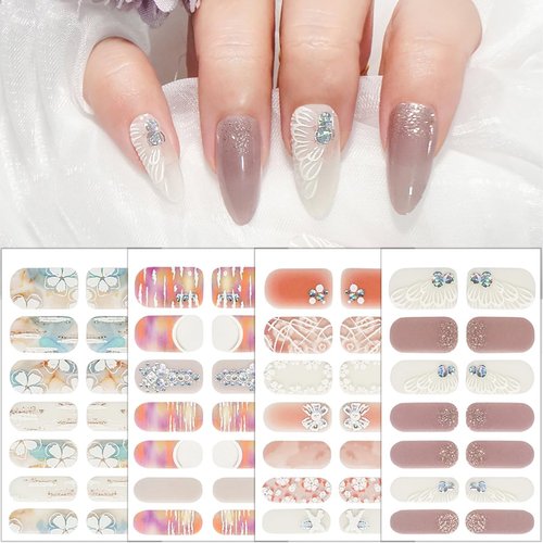 8 Sheets Spring Nail Wraps Stickers Decals Self-Adhesive White Flower Wing Star Nail Design Nail Polish Stickers with Nail File Floral Full Nail Wraps for Women DIY Manicure Nail Decoration Supply