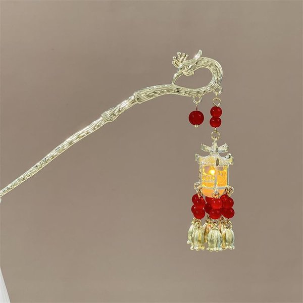 Chinese Lantern Light Pendants Hairpin Hair Stick, Retro Chinese Palace Pavilion Shape Lantern Hair Pin Hanfu Hair Accessories (Phoenix Red)