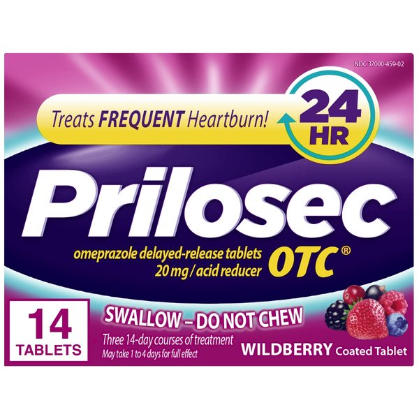 Prilosec OTC Frequent Heartburn Relief Medicine and Acid Reducer Wildberry Flavor 14 Tablets Omeprazole Delayed-Release Tablets 20mg - Proton Pump (OLD)