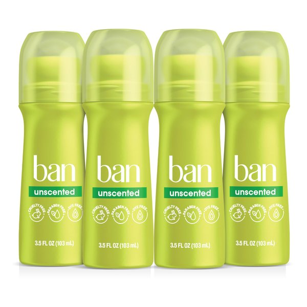 Ban Original Unscented 24-hour Invisible Antiperspirant, 3.5oz Roll-on Deodorant, 4-pack, Underarm Wetness Protection, with Odor-fighting Ingredients