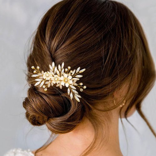 YBSHIN Bride Wedding Flower Hair Comb Gold Crystal Hair Piece Rhinestone Bridal Side Combs Wedding Hair Accessories for Women and Girls