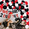 Racing Car 2nd Birthday Decorations for Boys, Red Black Race Flag Wheel Tire Balloon Garland Arch Kit with TWO FAST 2 CURIOUS Banner and Cake Topper for Kids Birthday Party Supplies