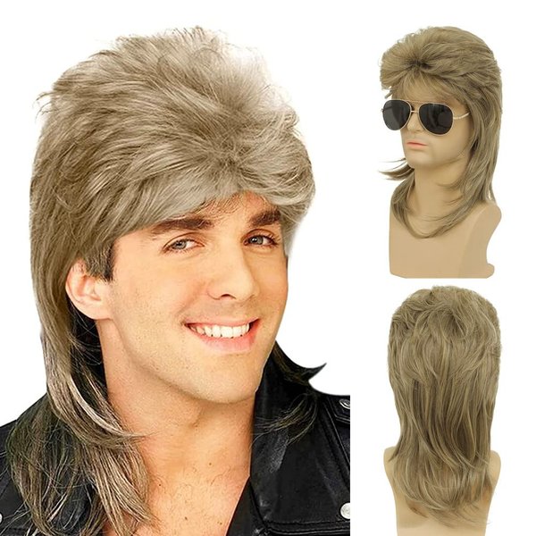 Swiking Mens Mullet Wig Blonde Retro 70s 80s Disco Rocker Curly Punk Fancy Party Halloween Cosplay Costume Full Wigs for Women Unisex (Blonde)