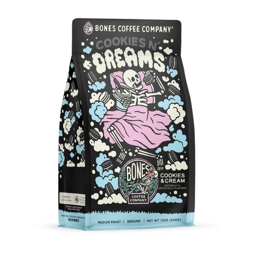 Bones Coffee Company Cookies 'N Dreams Flavored Coffee Beans & Ground Coffee Cookies & Cream Flavor | 12 oz Medium Roast Arabica Low Acid Coffee | Gourmet Coffee (Ground)