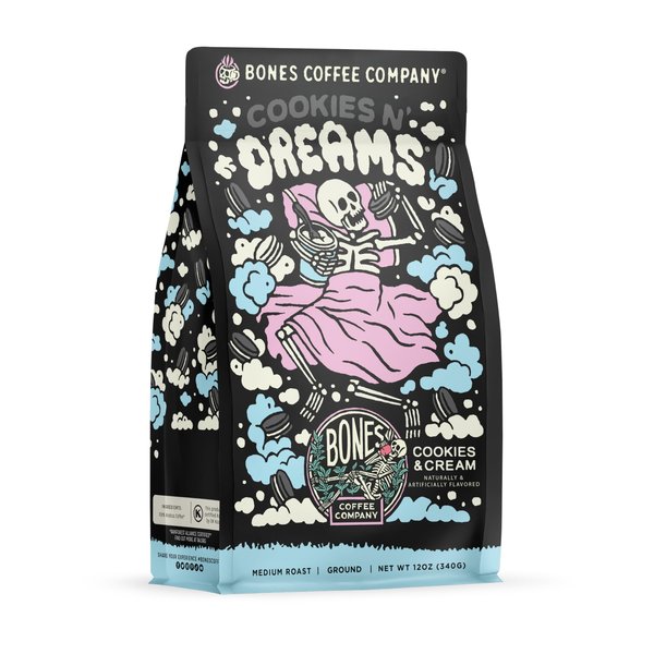 Bones Coffee Company Cookies 'N Dreams Flavored Coffee Beans & Ground Coffee Cookies & Cream Flavor | 12 oz Medium Roast Arabica Low Acid Coffee | Gourmet Coffee (Ground)
