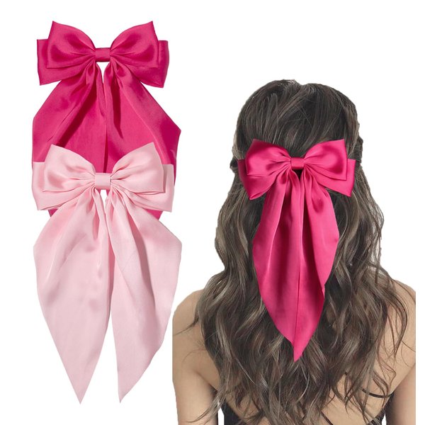 Furling Pompoms Hair Bows for Women,Hot Pink Hair Bow Clip with Long Tail Ribbon Bows for Hair Satin Bow Hair Clips,Bow Hair Accessories for Birthday Wedding Holidays Pack of 2