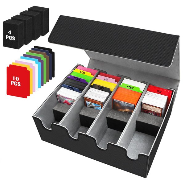 QLOUNI Card Storage Box for Trading Cards, 2800+ Card Deck Case with PU Leather and Magnetic Closure, TCG Storage Box, Suitable for MTG, YuGiOh, and Sports Cards, With 10 Card Dividers ＆ 4 Stoppers
