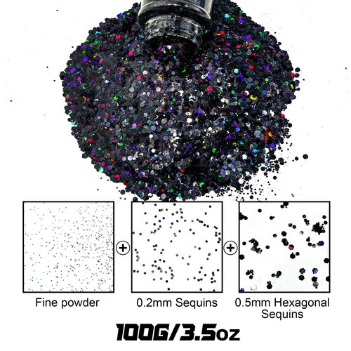 Holographic Chunky Glitter, 100g Black Cosmetic Craft Glitter for Epoxy Resin, Nail Sequins Iridescent Flakes, Body, Face, Hair, Nail, Glitter Slime Making