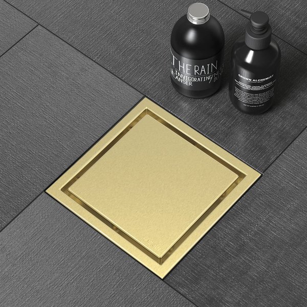 WEBANG 6 Inch Shower Square Drain Gold Floor Drain with Flange Reversible 2-in-1 Cover Tile Insert Grate Removable SUS304 Stainless Steel CUPC Certified Brushed Gold Brass