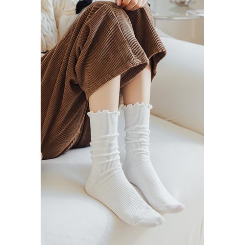 MarJunSep Women's Cute Ruffle Frilly Socks Neutral Thin Cotton Knit Crew Socks Ribbed Slouch Lettuce loafer Socks 6 Pairs