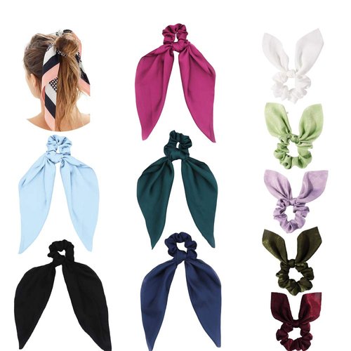 Silk Satin scrunchie scarf, Solid Colors scrunchie with scarf Including 5 Satin Hair Scarf & 5 Bunny Ear Scrunchies, Ribbon Bow Scrunchies for Ponytail Holder (10 Pcs Scarf & Ear scrunchies)