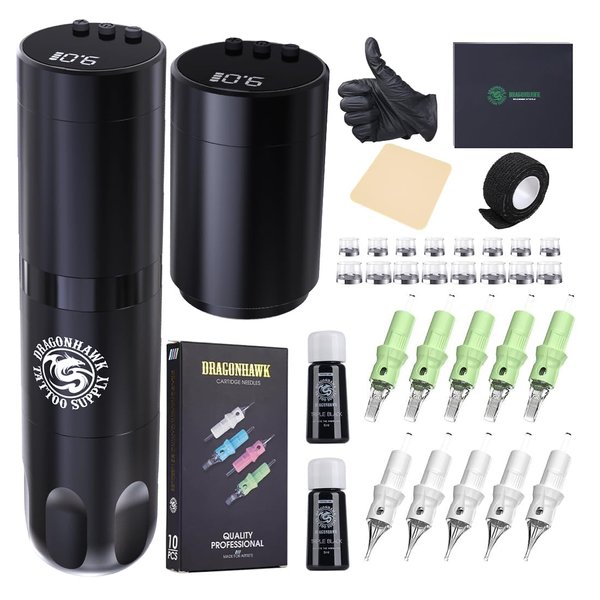 Dragonhawk Tattoo Gun Kit Wireless Complete Tattoo Pen Machine 2 Cordless Power Supply Cartridges Needles Black Tattoo Ink Gift Box for Beginners (Tattoo Kit)