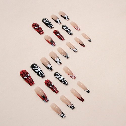Halloween Spider Web Fake Nails Halloween Press on Nails Long False Nails with Glue Black and Red Spider Acrylic Full Cover Glossy Glue on Nails French Press on Halloween Nails for Women Girls 24PCS