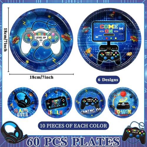Naozinebi 60Pcs Video Game Party Plates Gaming Party Tableware Set 7Inch Blue Game On Theme Party Decoration Gamer Disposable Dinnerware for Boy Gaming Video Game Game On Birthday Party Supplies
