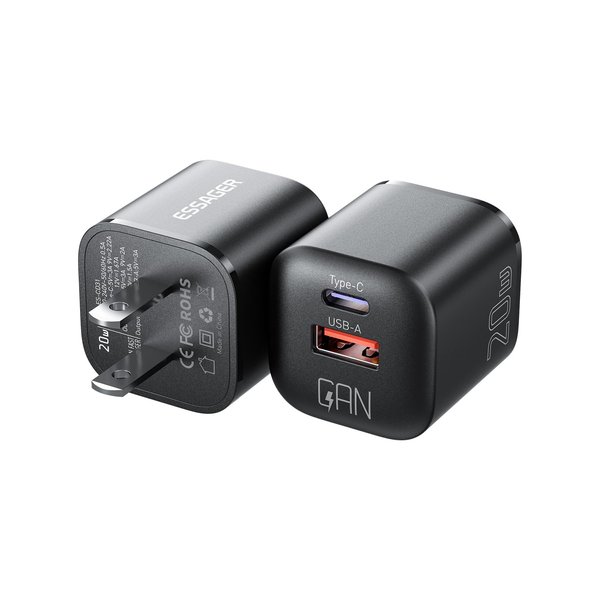 ESSAGER USB C Charger Block 20W 2 Pack Dual Port PD Power Adapter Fast Wall Charger for iPhone 15/15 Pro Max/14/13/12, iPad/iPad Mini, MacBook Pro/Air, Black
