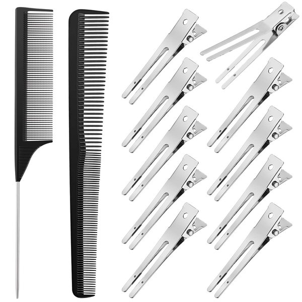 52 Pieces Hair Comb Set Locks Comb Dread Clips Includes Rat Tail Combs, Taper Hair Comb and 50 Double Prong Curl Clips for Men and Women Wavy Curls Hair Types (Black)