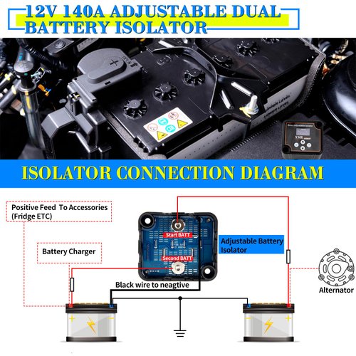 TIPHOPE Adjustable Dual Battery Isolator with Voltage Display, 12V 140Amp Voltage Sensitive Relay Smart Battery Isolator, Delay Setting, for Car Truck RV Marine