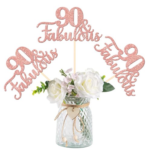 12 PCS 90 and Fabulous Centerpiece Sticks Double Sided Happy 90th Birthday Table Flower Centerpieces Sticks Cheers to 90 Floral Decorations for 90th Birthday Anniversary Party Supplies Rose Gold