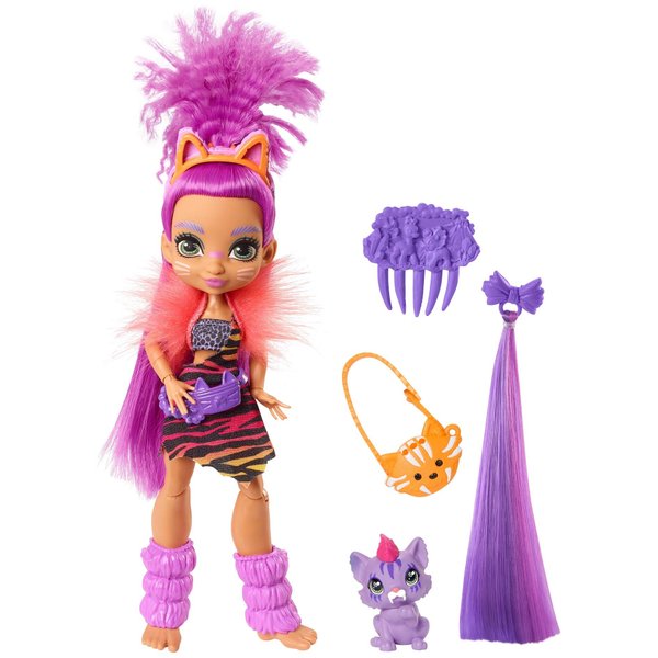 Mattel Cave Club Roaralai Doll (8-10-inch, Purple Hair) Poseable Prehistoric Fashion Doll with Dinosaur Pet and Accessories, Gift for 4 Year Olds and Up