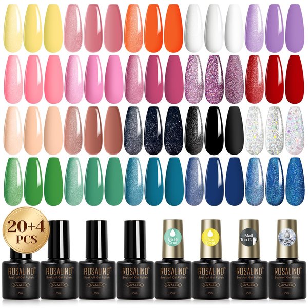 ROSALIND 24PCS Gel Nail Polish Set, 20 Colors Gel Polish with Base Coat and Glitter&Glossy&Matte Gel Top Coat Fall Winter Colors Holiday Nail Gel