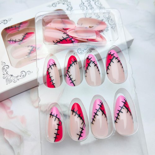 Mkwntg Halloween Press on Nails Short Almond Fake Nails Pink French Tip Full Cover False Nails Scary Cartoon Scar Glue on Nails Glossy Gothic Stitch Stick on Nails for Women Girls Manicure 24Pcs