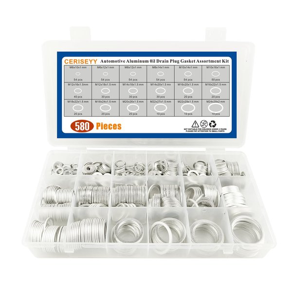 580 Pieces Automotive Crush Washer Oil Drain Plug Gasket,18 Sizes Aluminum Automotive Engine Oil Pan Drain Plug Gasket Assortment Kit M6 M8 M10 M12 M14 M16 M18 M20 M22 M24 (580)