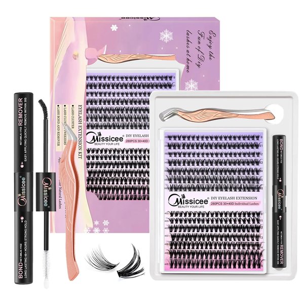 DIY Lash Extension Kit,280pcs Individual Lashes Cluster D Curl Eyelash Extension Kit 30D 40D 9-16mm Mix Clusters Lash with Lash Bond and Remover, Lash Applicator Tool for Self Application at Home