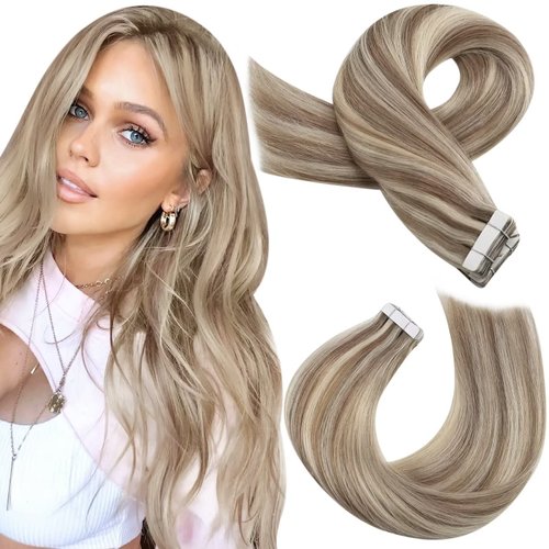 Moresoo Highlighted Tape in Extensions Human Hair Seamless Hair Extensions Tape in Light Brown Highlighted with Blonde Tape in Hair Extensions Real Human Hair 18 Inch #P9A/60 20pcs 50g