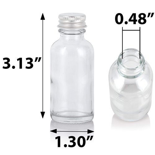 JUVITUS 1 oz / 30 ml Clear Glass Boston Round Bottle with Silver Metal Screw On Cap (12 Pack) + Funnel