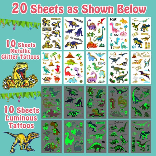 Partywind 20 Sheets (180 Styles) Dinosaur Kids Temporary Tattoos, Dinosaur Party Favors Supplies Gifts for Boys Party, Birthday Decorations Toys (Glow + Metallic Glitter Styles)