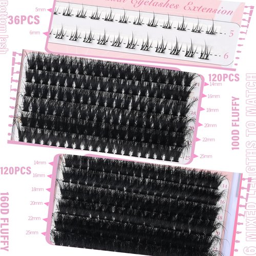 Fluffy Eyelash Clusters with Bottom Lashes 14-25mm Volume Lash Clusters Eyelash Extensions 100D+160D Individual Lashes Clusters 276pcs DIY D Curl Wispy Plant Fibers Lashes Clusters, by Yaiseiko