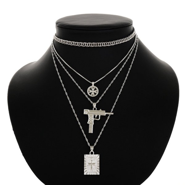 FXmimior Multilayer Necklace Silver Medal Pistol Charm Pendant Alloy Chic Necklace Gift for Her