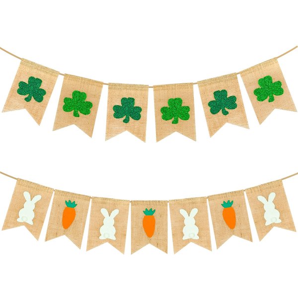 Whaline St. Patrick's Day Banner Easter Banner with String Green Shamrock Prints Burlap Banner Easter Bunny Carrot Hanging Bunting Garland No DIY Required for Holiday Party Supplies Home Decoration