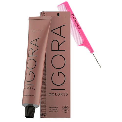 Sleekshop Comb + Igora COLOR10 Ten Minute Schwarzkapf Professional Color 10 PERMANENT Creme Hair Color Dye, 100% Coverage Cream Haircolor, Newest 2023-2024 Version (with SLEEKSHOP Argan-Oil Infused PINK Rat Tail Steel Pin Comb) (3-0 Dark Brown)